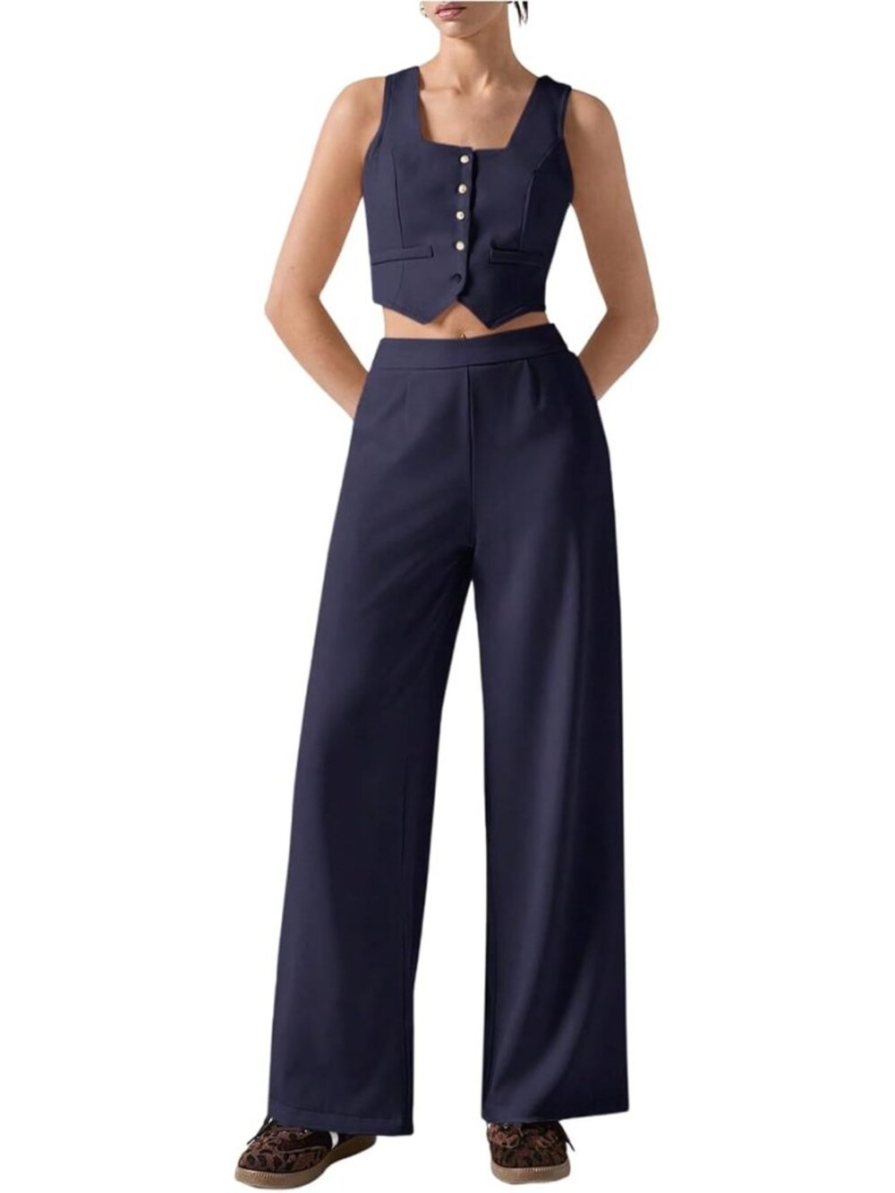 🆕Women's Blue 2 Piece Sets Wide Leg Pants Outfits Sleeveless Blazer Vest Suits